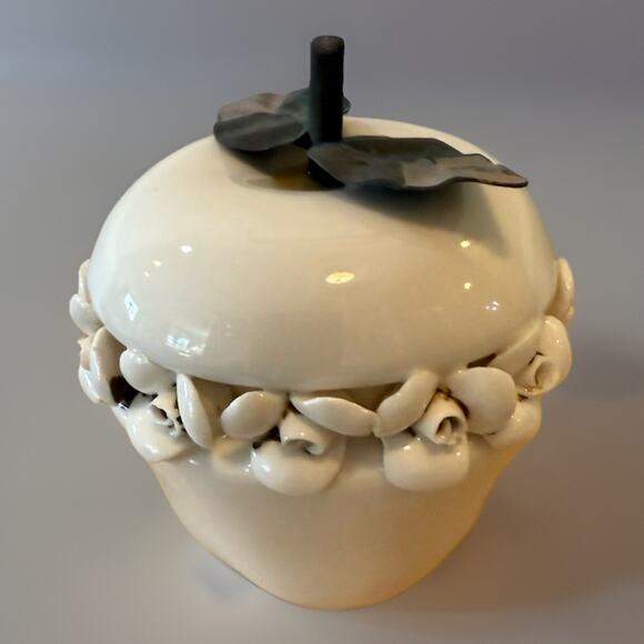 Vintage White Ceramic Apple Figurine w/ Floral Trim & Metal Leaves - Picture 2 of 4